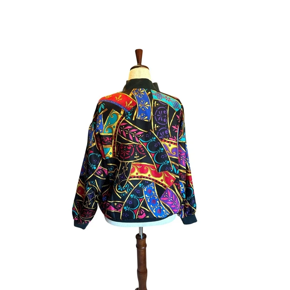 Vintage‎ 80s Silk Satin Bomber Jacket | Abstract Baroque Print | OSFM - Picture 4 of 12